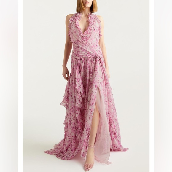 NWT Cinq a Sept Agatha Chiffon Ruffled Gown in Vibrant Plum Multi Size 10 - Picture 6 of 17